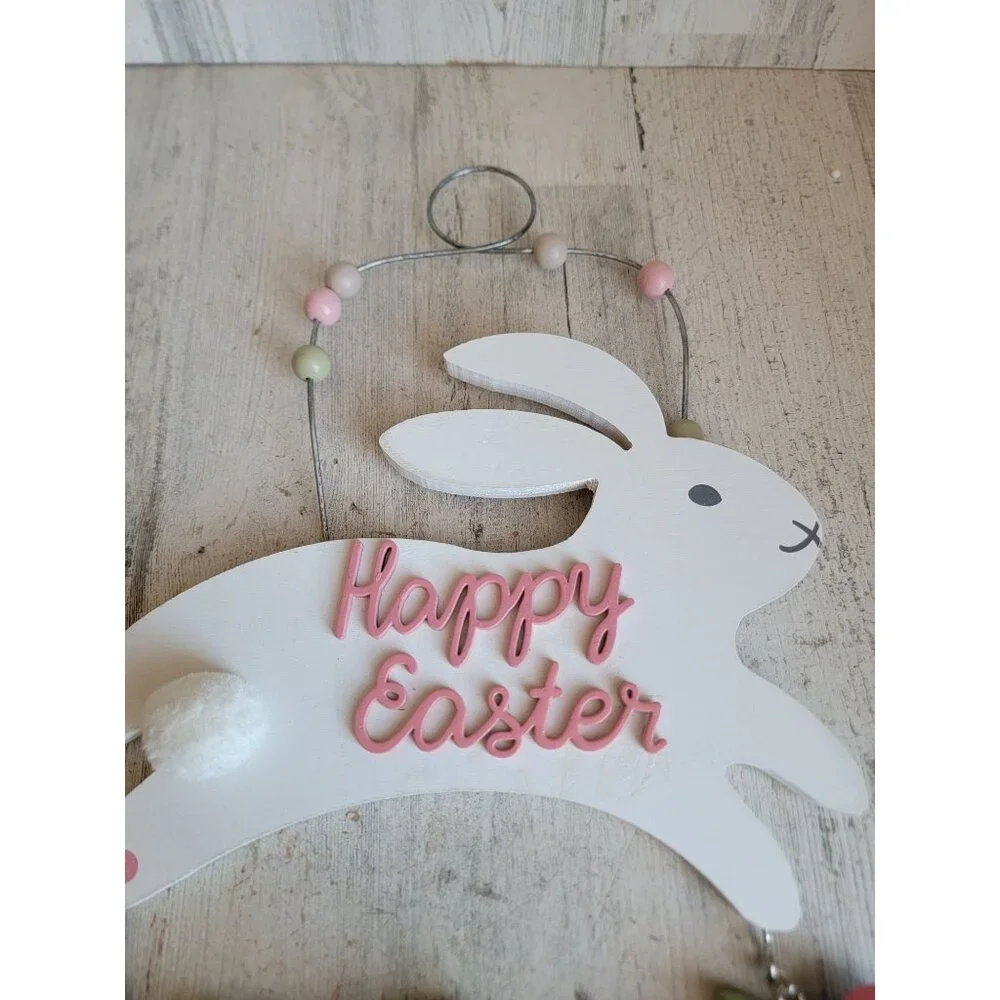 Wooden hanging‎ happy Easter white bunny egg grass Spring home decor